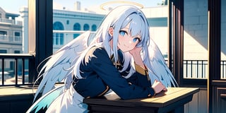 vibrant colors, female, masterpiece, sharp focus, best quality, depth of field, cinematic lighting, ((solo, one woman )), (illustration, 8k CG, extremely detailed), masterpiece, ultra-detailed,
1angel, (white hair), long curly hair, blue eyes, (two blue ribbons on her hair), (Double golden halo on her head), angel wings, White shirt, black coat, cute outfit, Sitting in a street cafe, best smile, cute face, perfect light,1girl white hair blue eyes x hair ornament,masterpiece