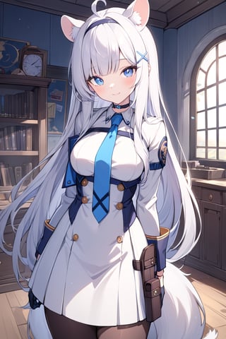 1girl, stoat girl, solo,  ((white hair)), very long hair, blue eyes, (straight hair), (bangs), animal ears, (stoat ears:1.2),
 Choker, ahoge, yaeba, (big white stoat Tail:1.2), (blue X hairpin), solo, long hair, breasts, looking at viewer, smile, bangs, blue eyes, skirt, gloves, long sleeves, dress, medium breasts, very long hair, closed mouth, standing, jacket, white hair, pantyhose, cowboy shot, hairband, necktie, black gloves, indoors, white dress, window, thigh strap, brown pantyhose, blue necktie, holster, thigh holster