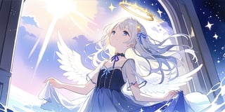 a cute girl reaching starry sky,aurora,The moonlight shines on the face,Mirror-like water,Mare's nest,Look up at the stars,masterpiece, best quality, aesthetic، in Daybreak Purple sky The appearance of a sun streak, 1girl, angel, white hair, long curly hair, two side up,blue eyes, two blue ribbons on her hair, (Double golden halo on her head), choker, angel wings, wearing a blue dress, detail blue eyes, smiling, a door, 