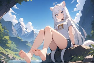 Masterpiece, Top Quality, High Definition, Artistic Composition,1girl, stoat girl, solo,  ((white hair)), very long hair, blue eyes, (straight hair), (bangs), animal ears, (stoat ears:1.2),
 Choker, ahoge, yaeba, (big white stoat Tail:1.2), (blue X hairpin), smiling, soles of feet, t-shirt, jean shorts, sitting on stone, mountains, river, blue sky, from below,  tanned, blue sky, bold composition