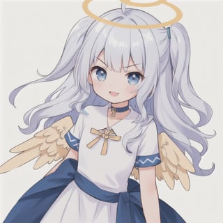 masterpiece, made by a master, 4k, perfect anatomy, perfect details, best quality, high quality, lots of detail.
1girl, (angel), (white hair), long curly hair, (two side up), blue eyes,  (curly hair:1.2), (wavy hair), (hair curls), (bangs), (two side up), two (blue) hair ties on head, (Double golden halo on her head), choker, ((angel wings)), ahoge, White dress with blue trim, single, looking at camera, smiling, fang, happy, slightly angry, chibi, Emote Chibi.
simple background, Line,cute comic,simple background, flat color,chibi