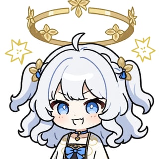 masterpiece, made by a master, 4k, perfect anatomy, perfect details, best quality, high quality, lots of detail.
1girl, angel, (white hair), long curly hair, (two side up), blue eyes,  (curly hair:1.2), (wavy hair), (hair curls), (bangs), (two side up), two (blue) hair ties on head, (Double golden halo on her head), choker, angel wings,ahoge,, single, looking at camera, smiling, fang, happy, slightly angry, chibi, Emote Chibi.
simple background,Line Chibi yellow,dal,doodle