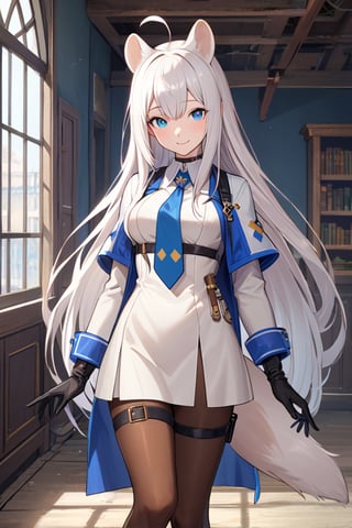 1girl, stoat girl, solo,  ((white hair)), very long hair, blue eyes, (straight hair), (bangs), animal ears, (stoat ears:1.2),
 Choker, ahoge, yaeba, (big white stoat Tail:1.2), (blue X hairpin), solo, long hair, breasts, looking at viewer, smile, bangs, blue eyes, skirt, gloves, long sleeves, dress, medium breasts, very long hair, closed mouth, standing, jacket, white hair, pantyhose, cowboy shot, hairband, necktie, black gloves, indoors, white dress, window, thigh strap, brown pantyhose, blue necktie, holster, thigh holster