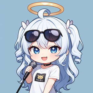 (chibi style), {{{masterpiece}}}, {{{best quality}}}, {{ultra-detailed}}, {beautiful detailed eyes}. 1girl, angel, white hair, long curly hair, (two side up), blue eyes,  (curly hair:1.2), (wavy hair), (hair curls), (bangs), (two side up), two blue hair ties on head, (Double golden halo on her head), choker, angel wings, ahoge, fang, (white T-shirt), (rapping), (black sunglasses), (microphone), upper body,chibi emote style,chibi,emote, cute,Emote Chibi,anime,