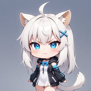 (chibi style), {{{masterpiece}}}, {{{best quality}}}, {{ultra-detailed}}, {beautiful detailed eyes},1girl, solo,  ((white hair)), very long hair, blue eyes, (straight hair), (bangs), animal ears, (stoat ears:1.2), Choker, ahoge, fangs, (big stoat Tail:1.2), (X hairpin), (White sleeveless collared dress, (Two-piece dress), (blue chest bow)), (black hooded oversized jacket:1.2), (Jacket zipper half zipped), (Off the shoulders), ((shadow face:1.2)), (angry eyes), (closed mouth), upper body,chibi emote style,chibi,emote, cute,