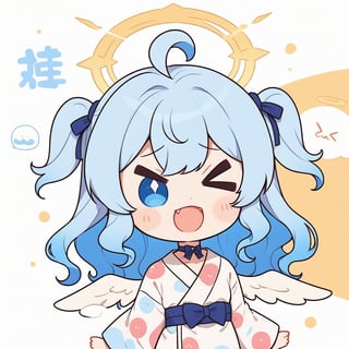 (chibi:1.3), masterpiece, made by a master, 4k, perfect anatomy, perfect details, best quality, high quality, lots of detail.
(solo), 1girl, angel, white hair, long curly hair, (two side up), blue eyes, (curly hair:1.2), (wavy hair), (hair curls), (bangs), (two side up), two blue hair ties on head, (Double golden halo on her head), bowtie choker, angel wings, ahoge, fang, (cute yukata, colorful yukata), smiling, single, (((>_<:1.4))), (upper body) ,Emote Chibi. cute comic,simple background, flat color, Cute girl,dal,Chibi Style,lineart,comic book,