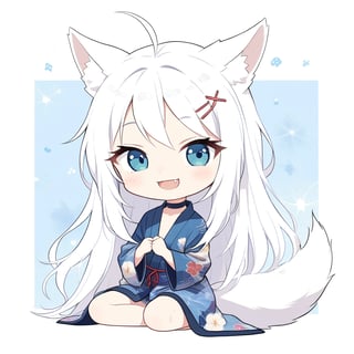 (chibi:1.3), masterpiece, made by a master, 4k, perfect anatomy, perfect details, best quality, high quality, lots of detail.
(solo),1girl, ((stoat girl)), solo,  ((white hair)), very long hair, blue eyes, (straight hair), (bangs), animal ears, (stoat ears:1.2), Choker, ahoge, cute_fang, (big Fox Tail:1.2), (blue X hairpin), (cute yukata, colorful yukata), smiling, single, (((>_<:1.4))), (upper body) ,Emote Chibi. cute comic,simple background, flat color, Cute girl,dal,Chibi Style,lineart,comic book,