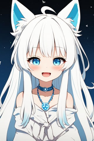 1girl, stoat girl, solo,  ((white hair)), very long hair, blue eyes, (straight hair), (bangs), animal ears, (stoat ears:1.2),
 Choker, ahoge, fangs, (big stoat Tail:1.2), (blue X hairpin), (blue chest bow), cute outfit, portrait, anime style, night light, charming, nature,