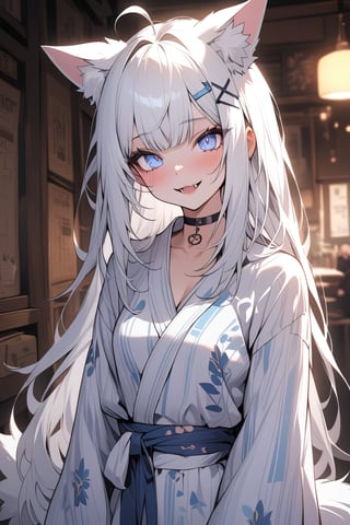  {{{masterpiece}}}, {{{best quality}}}, {{ultra-detailed}}, {beautiful detailed eyes},1girl, stoat girl, solo,  ((white hair)), very long hair, blue eyes, (straight hair), (bangs), animal ears, (stoat ears:1.2), Choker, ahoge, fangs, (big white fox Tail:1.2), (blue X hairpin), (cute yukata, colorful yukata), smiling, Beautiful eyes,