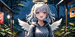 digital painting,1girl, angel, white hair, long curly hair, (two side up), blue eyes, two blue bows on head, (Double golden halo on her head), choker, angel wings on back, ahoge, Using huge leaves to block the rain, Wearing grey Hooded T-shirt, long sleeves, is looking up at the kamera with a surprised expression, cute smile. best smile, open mouth, outdoor, night, countryside, rain, forest, Under the big tree, bus stop sign, standing ,
masterpiece, best quality, aethetic, closed mouth, jacket, , smile, solo,aesthetic,