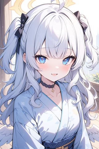  {{{masterpiece}}}, {{{best quality}}}, {{ultra-detailed}}, {beautiful detailed eyes}, 1girl, solo, angel, white hair, long curly hair, (two side up), blue eyes,  (curly hair:1.2), (wavy hair), (hair curls), (bangs), (two side up), two blue hair ties on head, (Double golden halo on her head), bowtie choker, angel wings, ahoge, fang,, (cute yukata, colorful yukata), smiling ,Eyes,Beautiful eyes,