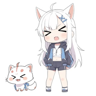 (chibi:1.3), masterpiece, made by a master, 4k, perfect anatomy, perfect details, best quality, high quality, lots of detail.
(solo),1girl, ((stoat girl)), solo,  ((white hair)), very long hair, blue eyes, (straight hair), (bangs), animal ears, (stoat ears:1.2), Choker, ahoge, cute_fang, (big Fox Tail:1.2), (blue X hairpin), (White collared sleeveless top, (midriff), blue chest bow), (black hooded oversized jacket:1.2), (jacket zipper half unzipped), (black short pants) (Off the shoulders), single, (((>_<:1.4))), (upper body) ,Emote Chibi. cute comic,simple background, flat color, Cute girl,dal,Chibi Style,lineart,comic book,