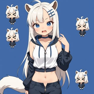 (chibi:1.3), masterpiece, made by a master, 4k, perfect anatomy, perfect details, best quality, high quality, lots of detail.
(solo),1girl, ((stoat girl)), solo,  ((white hair)), very long hair, blue eyes, (straight hair), (bangs), animal ears, (stoat ears:1.2), Choker, ahoge, cute_fang, (big Fox Tail:1.2), (blue X hairpin), (White collared sleeveless top, (midriff), blue chest bow), (black hooded oversized jacket:1.2), (jacket zipper half unzipped), (black short pants) (Off the shoulders), single, (((>_<:1.4))), (upper body) ,Emote Chibi. cute comic,simple background, flat color, Cute girl,dal,Chibi Style,lineart,comic book,