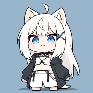 (chibi style), {{{masterpiece}}}, {{{best quality}}}, {{ultra-detailed}}, {beautiful detailed eyes},1girl, solo,  ((white hair)), very long hair, blue eyes, (straight hair), (bangs), animal ears, (stoat ears:1.2),
 Choker, ahoge, fangs, (big stoat Tail:1.2), (blue X hairpin), (White sleeveless collared dress, (midriff), blue chest bow), 
(black hooded oversized jacket:1.2), (jacket zipper half unzipped), (Off the shoulders), solo, small breasts, ((light white hair)), very long hair, (straight hair), (bangs), animal ears, (stoat ears:1.2), Choker, ahoge, fangs, (big fox Tail:1.2), (black hooded oversized jacket:1.2), (Off the shoulders), ((shadow face:1.2)), (angry eyes), (closed mouth), upper body,chibi emote style,chibi,emote, cute, looking with disgust,cutechibiprofile