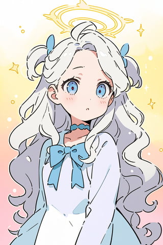 (finely best quality illustration:1.2), (kawaii girl:1.1), (1girl, solo:1), coquettish skin,  angel, white hair, long curly hair, (two side up), blue eyes, two blue bows on head, (Double golden halo on her head), choker, angel wings on back, ahoge, 
silver hair, wavy hair, hair,
pop, candy, kawaii, watercolor medium, dramatic angle,  lowing long hair, parted bangs, grey hair, flowery bubbles, the bottom of the bottle background, sparkle, 