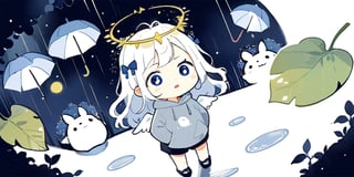  chibi, masterpiece, best quality,digital painting,1girl, angel, white hair, long curly hair, (two side up), blue eyes, two blue bows on head, (Double golden halo on her head), choker, angel wings on back, ahoge, Using huge leaves to block the rain, Wearing grey Hooded T-shirt, long sleeves, is looking up at the kamera with a surprised expression, cute smile. best smile, open mouth, outdoor, night, countryside,
rain, forest, Under the big tree, bus station, standing with (totoro), (big totoro) with umbrella,Blustery, dark background,Flat vector art, Anime, short pants,masterpiece,Chibi anime,doodle,cute comic,Line Chibi yellow