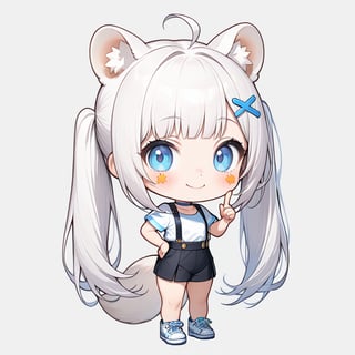 1girl, stoat girl, solo,  ((white hair)), very long hair, blue eyes, (straight hair), (bangs), animal ears, (stoat ears:1.2),
 Choker, ahoge, yaeba, (big white stoat Tail:1.2), (blue X hairpin), solo, long hair, looking at viewer, sticker image, blush, smile, bangs, blue eyes, skirt, simple background, shirt, white background, bow, animal ears, twintails, very long hair, closed mouth, standing, tail, full body, white shirt, short sleeves, shoes, hand up, chibi, animal ear fluff, hand on hip, black shorts, white footwear, suspenders, sneakers, index finger raised, extra ears, suspender skirt