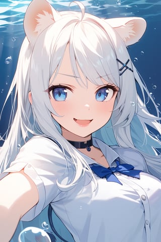 high detail, Smooth, sharp lines, score_9_up, score_8_up, detailed, masterpiece, super cute style, 1girl, stoat girl, solo,  ((white hair)), very long hair, blue eyes, (straight hair), (bangs), animal ears, (stoat ears:1.2),
 Choker, ahoge, yaeba, (big white stoat Tail:1.2), (blue X hairpin), solo, silver hair, white hair, (flirty, smug, eyebrow_raise), open mouth, close up, face, white shirt, button up shirt, blue bowtie, pretty lips, medium breasts, underwater, blue eyes, blue hair ribbon, short sleeves, bubbles, bedroom_eyes, swept_bangs, low-angle view,