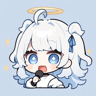 (chibi style), {{{masterpiece}}}, {{{best quality}}}, {{ultra-detailed}}, {beautiful detailed eyes}. 1girl, angel, white hair, long curly hair, (two side up), blue eyes,  (curly hair:1.2), (wavy hair), (hair curls), (bangs), (two side up), two blue hair ties on head, (Double golden halo on her head), choker, angel wings, ahoge, fang, (white T-shirt), (rapping), (black sunglasses), (microphone), upper body,chibi emote style,chibi,emote, cute,Emote Chibi,anime,cute comic,