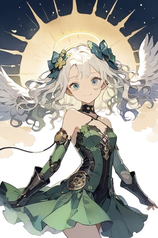 Masterpiece, solo, ultra detailed, anime art style, Saint Patrick day princess walking in a parade, big beautiful eyes and glamorous green makeup, sunset, depth of field, more detail XL, SFW,1girl, angel, white hair, long curly hair, (two side up), blue eyes, two blue bows on head, (Double golden halo on her head), choker, angel wings on back, ahoge,cyberpunk, mechanical girl, cyborg, cable, exposed wires, green dress,
masterpiece, best quality, aethetic, closed mouth, green jacket, simple background, smile, solo,aesthetic,