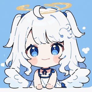 masterpiece, made by a master, 4k, perfect anatomy, perfect details, best quality, high quality, lots of detail.
1girl, angel, (white hair), long curly hair, (two side up), blue eyes,  (curly hair:1.2), (wavy hair), (hair curls), (bangs), (two side up), two (blue) hair ties on head, (Double golden halo on her head), choker, (angel wings), ahoge, White dress with blue trim, single, looking at camera, smiling, fang, happy, slightly angry, chibi, Emote Chibi.
simple background, Line,cute comic