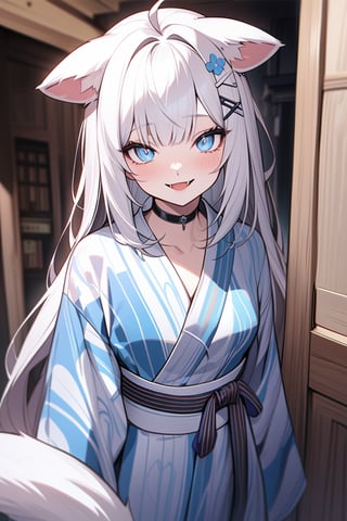  {{{masterpiece}}}, {{{best quality}}}, {{ultra-detailed}}, {beautiful detailed eyes},1girl, stoat girl, solo,  ((white hair)), very long hair, blue eyes, (straight hair), (bangs), animal ears, (stoat ears:1.2), Choker, ahoge, fangs, (big white fox Tail:1.2), (blue X hairpin), (cute yukata, colorful yukata), smiling, Beautiful eyes,portrait art style