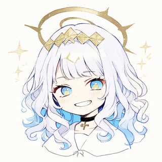 masterpiece, made by a master, 4k, perfect anatomy, perfect details, best quality, high quality, lots of detail.
1girl, angel, white hair, long curly hair, (two side up), blue eyes,  (curly hair:1.2), (wavy hair), (hair curls), (blunt bangs), (two side up), two blue hair ties on head, (Double golden halo on her head), choker, angel wings,ahoge,, single, kumiho,
looking at camera, smiling, fang, happy, slightly angry, chibi, Emote Chibi.
simple background,Line Chibi yellow,dal