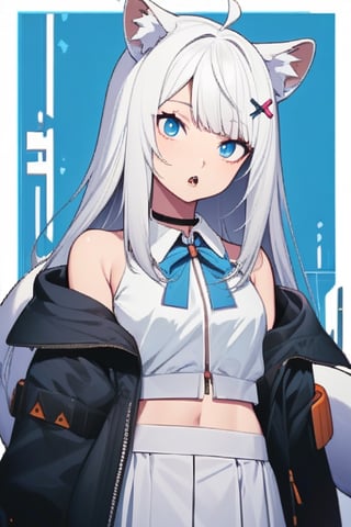 animal ear fluff, animal ears, 1girl, solo,  ((white hair)), very long hair, blue eyes, (straight hair), (bangs), animal ears, (stoat ears:1.2), Choker, ahoge, fangs, (big stoat Tail:1.2), (blue X hairpin), (White sleeveless collared dress, (midriff), blue chest bow), (black hooded oversized jacket:1.2), (jacket zipper half unzipped), (Off the shoulders), candy, food print, highres, holding, multiple girls, multiple tails,,tail,girl ,anime ,cr33p