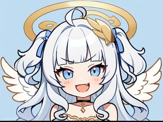 masterpiece, made by a master, 4k, perfect anatomy, perfect details, best quality, high quality, lots of detail.
1girl, angel, white hair, long curly hair, (two side up), blue eyes,  (curly hair:1.2), (wavy hair), (hair curls), (blunt bangs), (two side up), two blue hair ties on head, (Double golden halo on her head), choker, angel wings,ahoge,, single, kumiho,
looking at camera, smiling, fang, happy, slightly angry, chibi, Emote Chibi.
simple background,