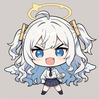 chibi, sd, masterpiece, made by a master, 4k, perfect anatomy, perfect details, best quality, high quality, lots of detail.
(solo),1girl, ((angel)), ((white hair)), long curly hair, (two side up), blue eyes,  (curly hair:1.2), (wavy hair), (hair curls), (bangs), (two side up), two ((blue)) hair ties on head, (Double golden halo on her head), choker, ((angel wings)), ahoge, school uniform,white shirt, black tie, Black pleated skirt, punching, single, open mouth, looking at viewer, smiling,((>_<)), fang, happy, slightly angry, chibi, Emote Chibi. simple background, Line,cute comic,simple background, flat color,chibi,Cute girl,dal,Emote Chibi,chibi style,Chibi Style,lineart,Comic Book-Style 2d,2d,