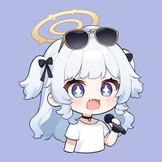 (chibi style), {{{masterpiece}}}, {{{best quality}}}, {{ultra-detailed}}, {beautiful detailed eyes}. 1girl, angel, white hair, long curly hair, (two side up), blue eyes,  (curly hair:1.2), (wavy hair), (hair curls), (bangs), (two side up), two blue hair ties on head, (Double golden halo on her head), choker, angel wings, ahoge, fang, (white T-shirt), (rapping), (black sunglasses), (microphone), upper body,chibi emote style,chibi,emote, cute,Emote Chibi,anime,