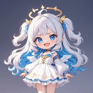 masterpiece, made by a master, 4k, perfect anatomy, perfect details, best quality, high quality, lots of detail.
1girl, angel, (white hair), long curly hair, (two side up), blue eyes,  (curly hair:1.2), (wavy hair), (hair curls), (bangs), (two side up), two (blue) hair ties on head, (Double golden halo on her head), choker, (angel wings), ahoge, White dress with blue trim, single, looking at camera, smiling, fang, happy, slightly angry, chibi, Emote Chibi.
simple background, Line,cute comic,simple background, flat color,no lineart,CHIBI,lineart