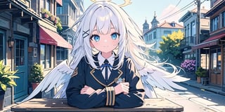 vibrant colors, female, masterpiece, sharp focus, best quality, depth of field, cinematic lighting, ((solo, one woman )), (illustration, 8k CG, extremely detailed), masterpiece, ultra-detailed,
1angel, (white hair), long curly hair, blue eyes, (two blue ribbons on her hair), (Double golden halo on her head), angel wings, White shirt, black jacket, cute outfit, Sitting in a street cafe, best smile, cute face, perfect light,1girl white hair blue eyes x hair ornament,masterpiece