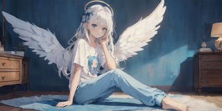  (Best Picture Quality, High Quality, Best Picture Score: 1.3), , Perfect Beauty Score: 1.5, long hair, 1 angel girl, (solo), ((white hair)), (long curly hair), blue eyes, ((two blue ribbons on her hair)), (Double golden halo on her head), (angel wings), (cute outfit), Wearing a T-shirt and pajamas trousers, Sitting on the floor in a room with no lights on, sad expression, beautiful, cute, masterpiece, best quality,