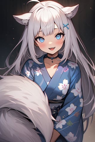  {{{masterpiece}}}, {{{best quality}}}, {{ultra-detailed}}, {beautiful detailed eyes},1girl, stoat girl, solo,  ((white hair)), very long hair, blue eyes, (straight hair), (bangs), animal ears, (stoat ears:1.2), Choker, ahoge, fangs, (big white fox Tail:1.2), (blue X hairpin), (cute yukata, colorful yukata), smiling, Beautiful eyes,portrait art style