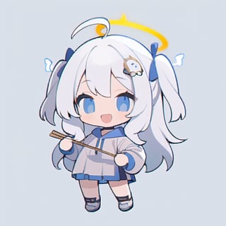  chibi, masterpiece, best quality,1girl, angel, (white hair), long curly hair, (two side up),blue eyes, (two blue ribbons on her hair), ((Double golden halo on her head)), choker, ((angel wings)), ahoge, full body, cute smile, best smile, open mouth, Wearing grey Hooded T-shirt, long sleeves, pleated skirt, (holding a pair of chopsticks), ,masterpiece,simple background, flat color,no lineart