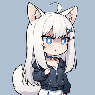 (chibi style), {{{masterpiece}}}, {{{best quality}}}, {{ultra-detailed}}, {beautiful detailed eyes},1girl, solo,  ((white hair)), very long hair, blue eyes, (straight hair), (bangs), animal ears, (stoat ears:1.2),
 Choker, ahoge, fangs, (big stoat Tail:1.2), (blue X hairpin), (White sleeveless collared dress, (midriff), blue chest bow), 
(black hooded oversized jacket:1.2), (jacket zipper half unzipped), (Off the shoulders), solo, small breasts, ((light white hair)), very long hair, (straight hair), (bangs), animal ears, (stoat ears:1.2), Choker, ahoge, fangs, (big fox Tail:1.2), (black hooded oversized jacket:1.2), (Off the shoulders), ((shadow face:1.2)), (angry eyes), (closed mouth), upper body,chibi emote style,chibi,emote, cute, looking with disgust