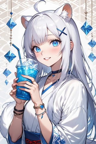 Masterpiece, 1 cute girl,1girl, stoat girl, solo,  ((white hair)), very long hair, blue eyes, (straight hair), (bangs), animal ears, (stoat ears:1.2),
 Choker, ahoge, yaeba, (big white stoat Tail:1.2), (blue X hairpin), solo, looking at viewer, long hair, bangs, smiling, simple background, heart \(symbol\), star (symbol\),  shirt,  holding with both hands, blue eyes, white shirt, upper body,  open lips, bracelet, cup, ring, cup held in hand, Japanese pattern background, cup, ice, straw, drink, glass, ice,ink paint