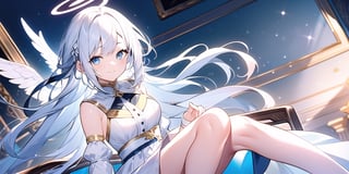 vibrant colors, female, masterpiece, sharp focus, best quality, depth of field, cinematic lighting, ((solo, one woman )), (illustration, 8k CG, extremely detailed), masterpiece, ultra-detailed,
1angel, (white hair), long curly hair, blue eyes, (two blue ribbons on her hair), (Double golden halo on her head), angel wings, dress, cute outfit, Sitting on a seat, eating  bread, best smile, cute face, perfect light,1girl white hair blue eyes x hair ornament,masterpiece