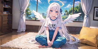  (Best Picture Quality, High Quality, Best Picture Score: 1.3), , Perfect Beauty Score: 1.5, long hair, 1 angel girl, (solo), ((white hair)), (long curly hair), blue eyes, ((two blue ribbons on her hair)), (Double golden halo on her head), (angel wings), (cute outfit), Wearing a T-shirt and pajamas trousers, sitting on the floor of the room, sad expression, beautiful, cute, masterpiece, best quality,