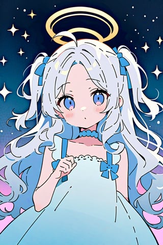 (finely best quality illustration:1.2), (kawaii girl:1.1), (1girl, solo:1), coquettish skin,  angel, white hair, long curly hair, (two side up), blue eyes, two blue bows on head, (Double golden halo on her head), choker, angel wings on back, ahoge, 
silver hair, wavy hair, hair,
pop, candy, kawaii, watercolor medium, dramatic angle,  lowing long hair, parted bangs, grey hair, flowery bubbles, the bottom of the bottle background, sparkle, 