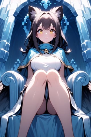 (((perfect pixels, perfect details))), alone, 1 girl,(Kunoichi) , l, , medium breasts, scarf cloak, shiny eyes, in an ice castle, sitting on a throne.