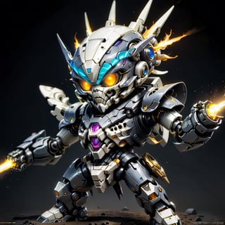 Masterpiece, 4K, ultra detailed, ((solo)), chibi style, anime style, skeleton Mecha, (MASK), (metal), dark color mecha, (fight pose), (punch), (energy beam aura), (full body), solid background, detail, ,close viewer,ROBOT,