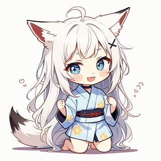 (chibi:1.3), masterpiece, made by a master, 4k, perfect anatomy, perfect details, best quality, high quality, lots of detail.
(solo),1girl, ((stoat girl)), solo,  ((white hair)), very long hair, blue eyes, (straight hair), (bangs), animal ears, (stoat ears:1.2), Choker, ahoge, cute_fang, (big Fox Tail:1.2), (blue X hairpin), (cute yukata, colorful yukata), smiling, single, (((>_<:1.4))), (upper body) ,Emote Chibi. cute comic,simple background, flat color, Cute girl,dal,Chibi Style,lineart,comic book,