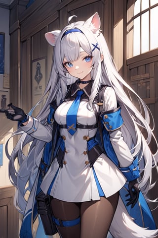 1girl, stoat girl, solo,  ((white hair)), very long hair, blue eyes, (straight hair), (bangs), animal ears, (stoat ears:1.2),
 Choker, ahoge, yaeba, (big white stoat Tail:1.2), (blue X hairpin), solo, long hair, breasts, looking at viewer, smile, bangs, blue eyes, skirt, gloves, long sleeves, dress, medium breasts, very long hair, closed mouth, standing, jacket, white hair, pantyhose, cowboy shot, hairband, necktie, black gloves, indoors, white dress, window, thigh strap, brown pantyhose, blue necktie, holster, thigh holster