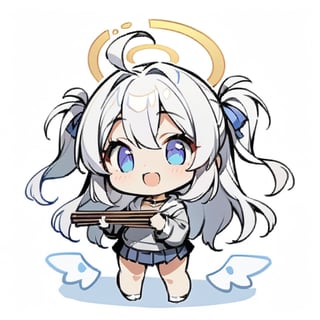  chibi, masterpiece, best quality,1girl, angel, (white hair), long curly hair, (two side up),blue eyes, (two blue ribbons on her hair), ((Double golden halo on her head)), choker, ((angel wings)), ahoge, full body, cute smile, best smile, open mouth, Wearing grey Hooded T-shirt, long sleeves, pleated skirt, (holding a pair of huge chopsticks), ,masterpiece,simple background, ,