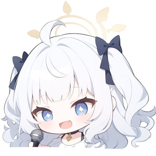 (chibi style), {{{masterpiece}}}, {{{best quality}}}, {{ultra-detailed}}, {beautiful detailed eyes}. 1girl, angel, white hair, long curly hair, (two side up), blue eyes,  (curly hair:1.2), (wavy hair), (hair curls), (bangs), (two side up), two blue hair ties on head, (Double golden halo on her head), choker, angel wings, ahoge, fang, (white T-shirt), (rapping), (black sunglasses), (microphone), upper body,chibi emote style,chibi,emote, cute,Emote Chibi,anime,