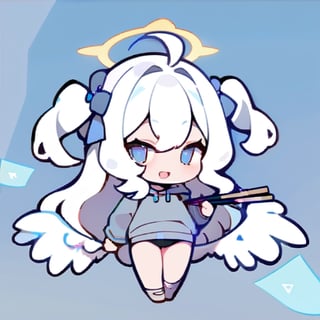  chibi, masterpiece, best quality,1girl, angel, (white hair), long curly hair, (two side up),blue eyes, (two blue ribbons on her hair), ((Double golden halo on her head)), choker, ((angel wings)), ahoge, full body, cute smile, best smile, open mouth, Wearing grey Hooded T-shirt, long sleeves, pleated skirt, (holding a pair of chopsticks), ,masterpiece,simple background, 