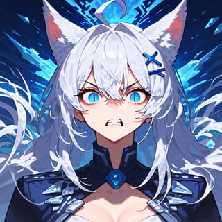 score_9, score_8_up, score_7_up, source_anime, BREAK, half_body, hand on hip, female, girl, stoat girl, solo,  ((white hair)), very long hair, blue eyes, (straight hair), (bangs), animal ears, (stoat ears:1.2),
 Choker, ahoge, yaeba, (big white stoat Tail:1.2), (blue X hairpin), slit pupils, angry, high quality, detailed face, detailed eyes, beautiful eyes, masterpiece, solo, solo_image, best quality, masterpiece,