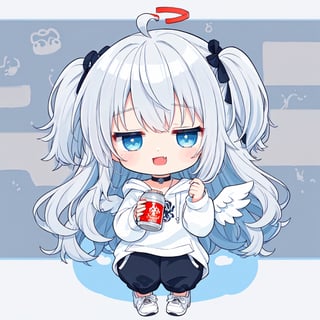 (chibi:1.3), masterpiece, made by a master, 4k, perfect anatomy, perfect details, best quality, high quality, lots of detail.
(solo),1girl, ((angel)), ((white hair)), (long hair:1.3), (two side up), blue eyes,  (curly hair:1.2), (wavy hair), (hair curls), (bangs), (two side up), two ((blue)) hair ties on head, (Double golden halo on her head), choker, ((angel wings)), ahoge, fang, (Gray long sleeve hooded top), Black long pants, white socks, single, looking at viewer, holding can of beer, (full body) ,Emote Chibi. cute comic,simple background, flat color, Cute girl,dal,Chibi Style,lineart,